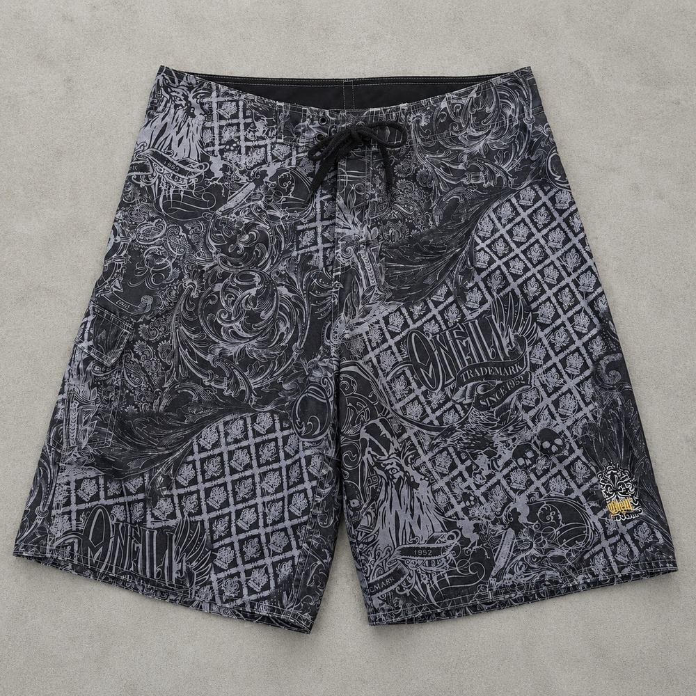 ONeill Mens Gothic Graphic Board Shorts Black Grey Skull Surf Trunks Size 34
